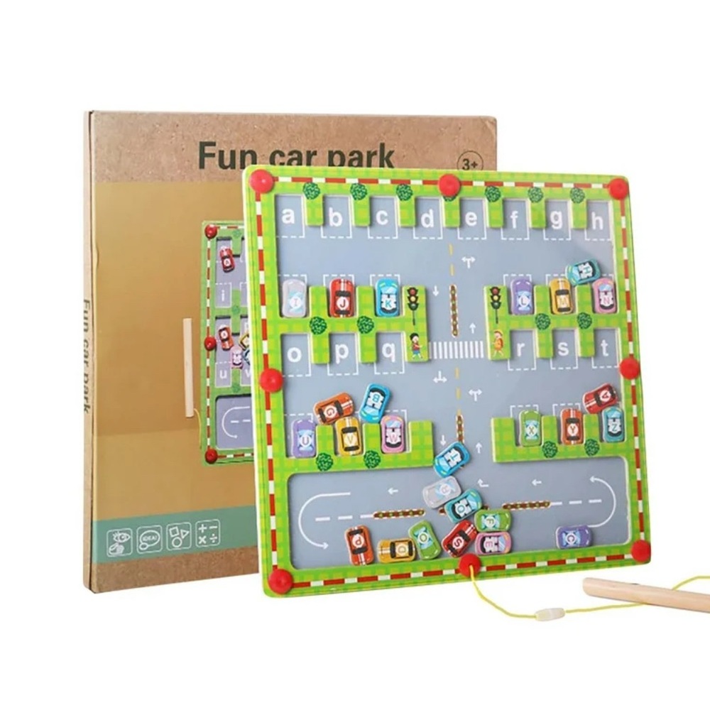 Magnetic Alphabet Parking Maze - Fun Car Park Wooden Toy Set, Ages 3+